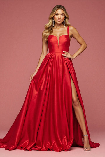 A Line Spaghetti Straps Long Red Prom Dress